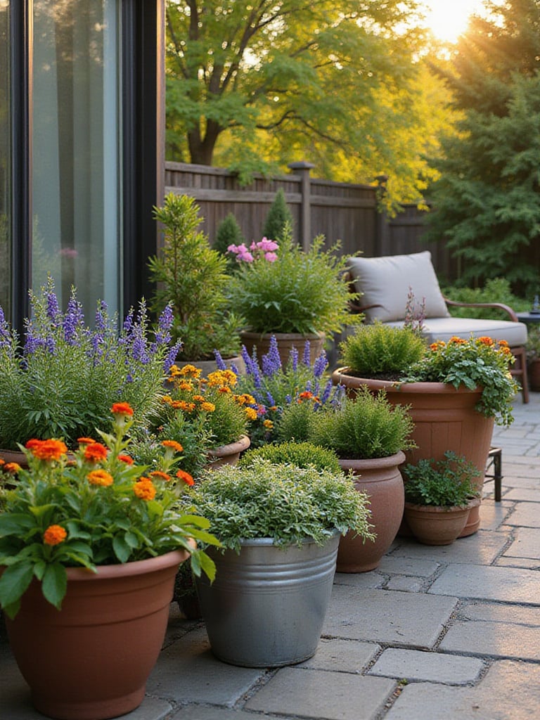 Backyard patio with diverse container plants offering flexible greenery and seasonal color.