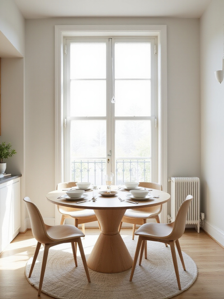 Small, modern dining room featuring a light wood round table.