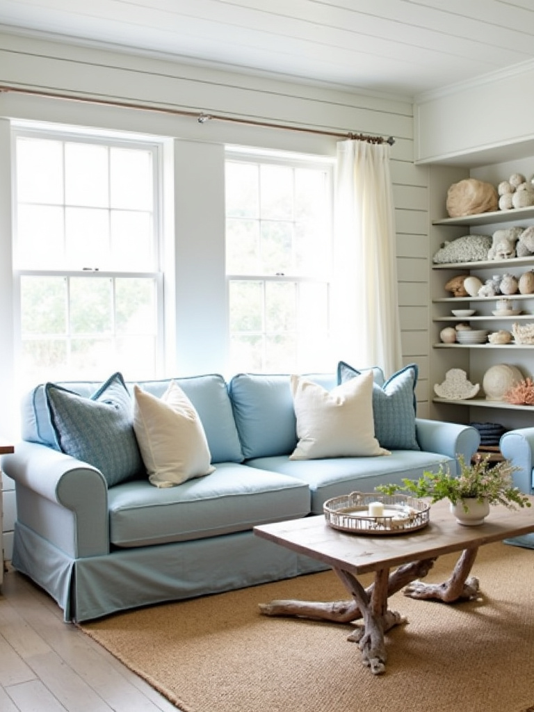 Coastal living room with blue and white color palette featuring linen sofa, jute rug, and shiplap walls