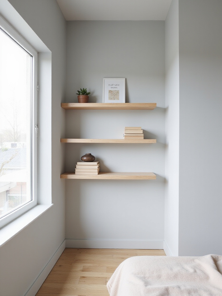 Small bedroom with light wood floating shelves displaying books, a succulent, and framed art.
