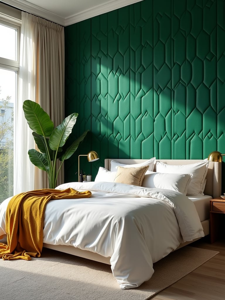 Modern bedroom with emerald green geometric wallpaper accent wall