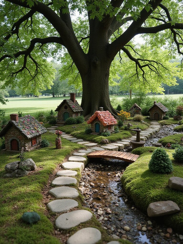 Enchanting fairy garden with miniature cottages and whimsical details