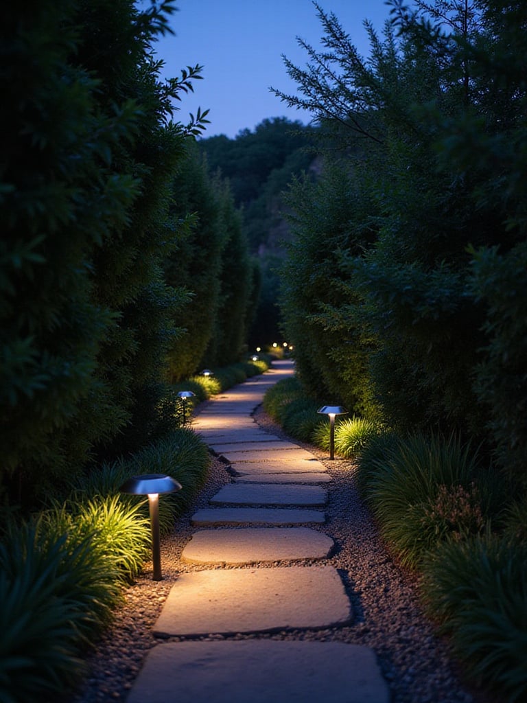 Garden path illuminated by energy-saving solar lights.