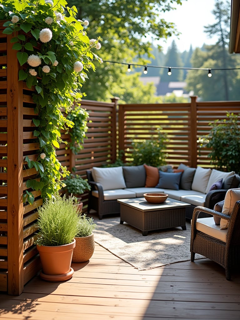 Deck with wooden privacy screen covered in vines, creating a secluded outdoor oasis.