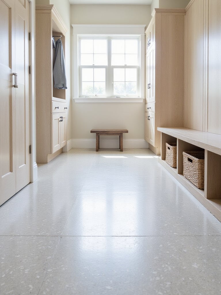 Modern mudroom with light gray epoxy flooring with decorative flakes, offering a durable and easy-to-clean surface.