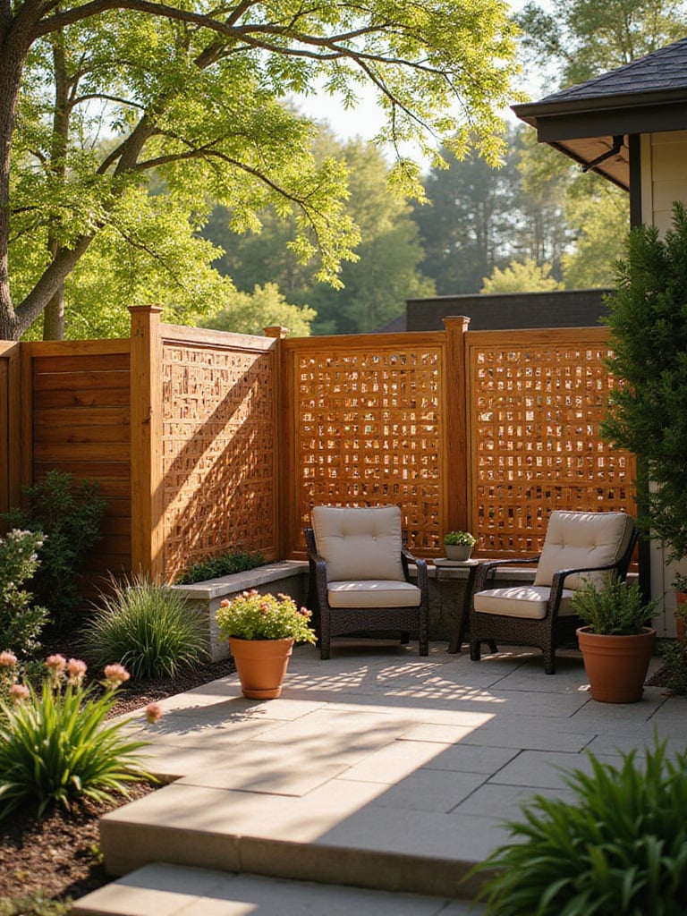 Stylish cedar privacy screen creating a secluded patio oasis in a backyard.