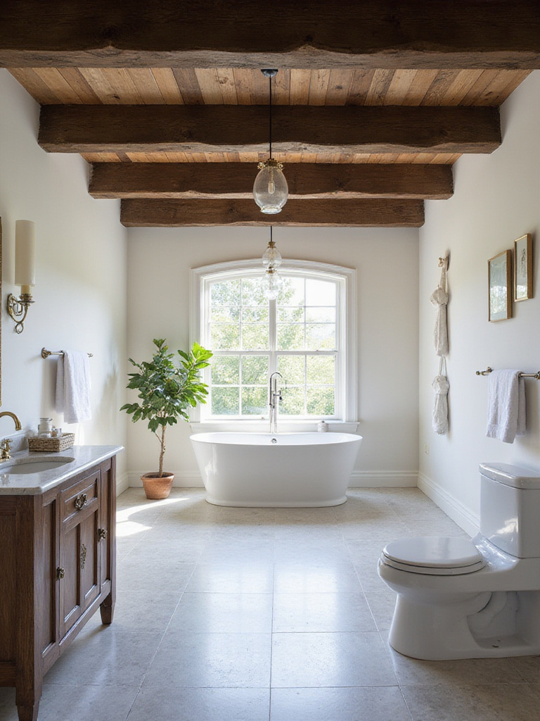 Rustic bathroom with exposed wooden beams overhead
