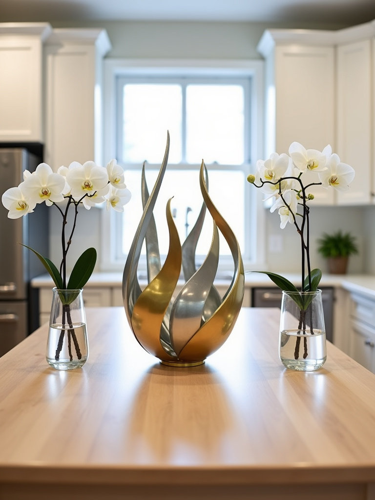 Modern kitchen table with abstract metal sculpture centerpiece and white orchids