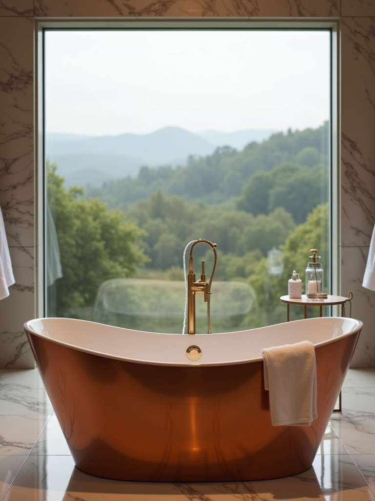 Luxury bathroom with copper tub and brushed gold faucet