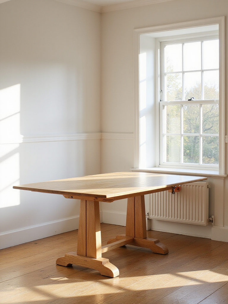 Small dining room with a partially extended rectangular wooden table, showing the functionality of leaf extensions.