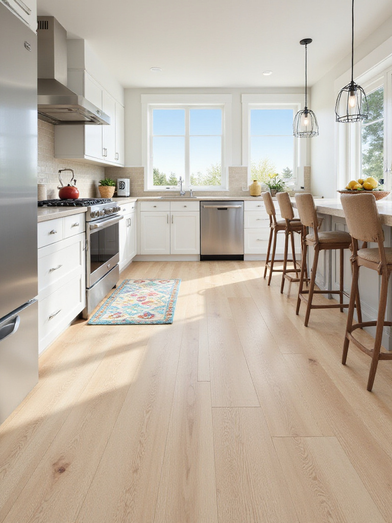 Kid-friendly kitchen with durable LVP flooring and a washable area rug.