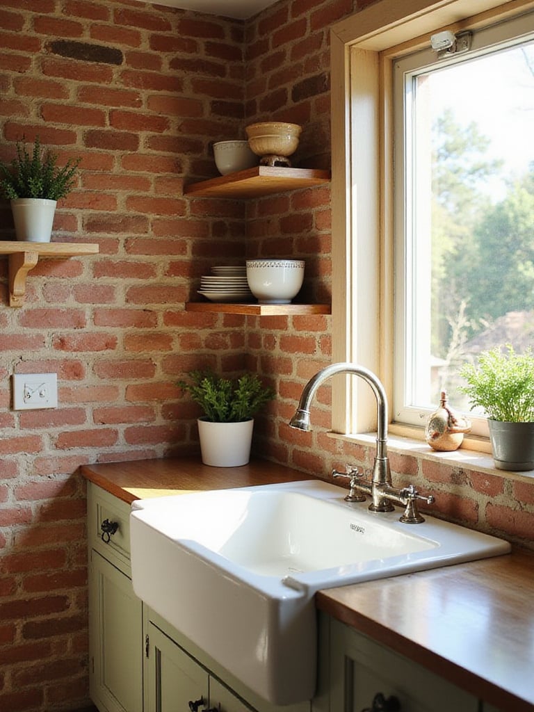 Farmhouse kitchen with rustic brick effect wallpaper