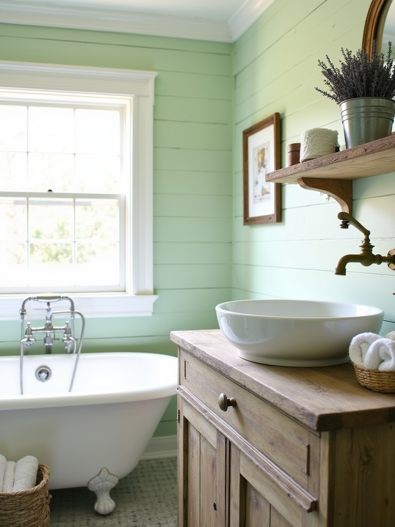Farmhouse vintage bathroom with clawfoot tub and reclaimed wood shelf