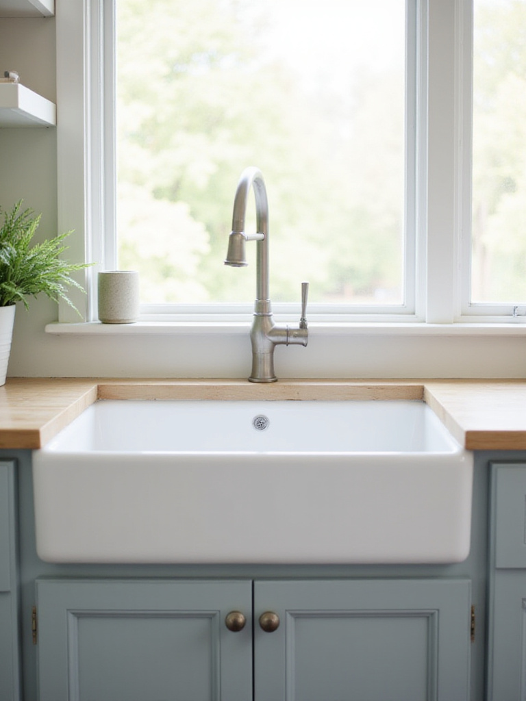 White fireclay farmhouse sink with brushed nickel bridge faucet in a light and airy kitchen.