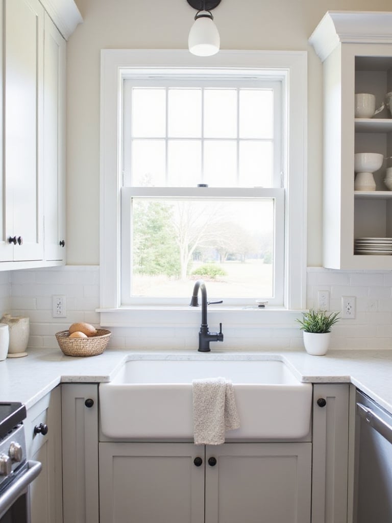 Modern farmhouse kitchen featuring a white fireclay farmhouse sink under a window.