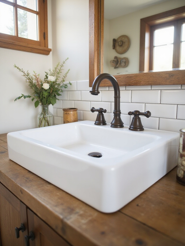 Farmhouse bathroom with oil-rubbed bronze bridge faucet and reclaimed wood vanity.
