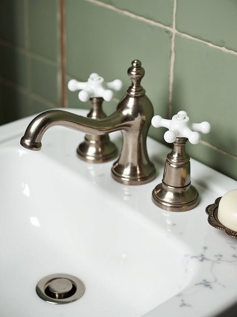 Vintage-inspired bathroom sink with polished nickel bridge faucet and porcelain cross handles
