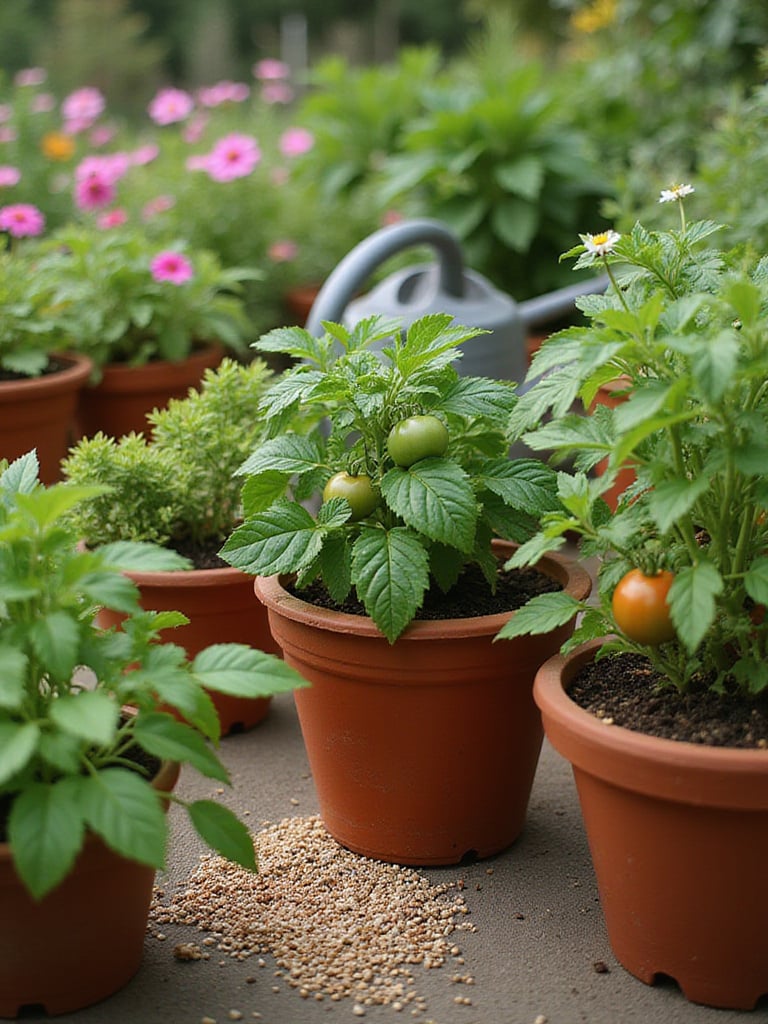 Healthy container garden with fertilizer granules visible in the soil.