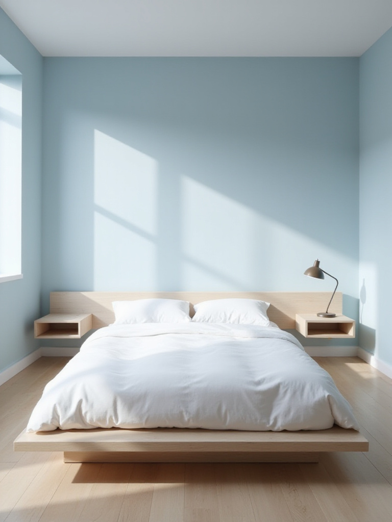 Small bedroom with floating nightstands, maximizing space and creating a minimalist look.