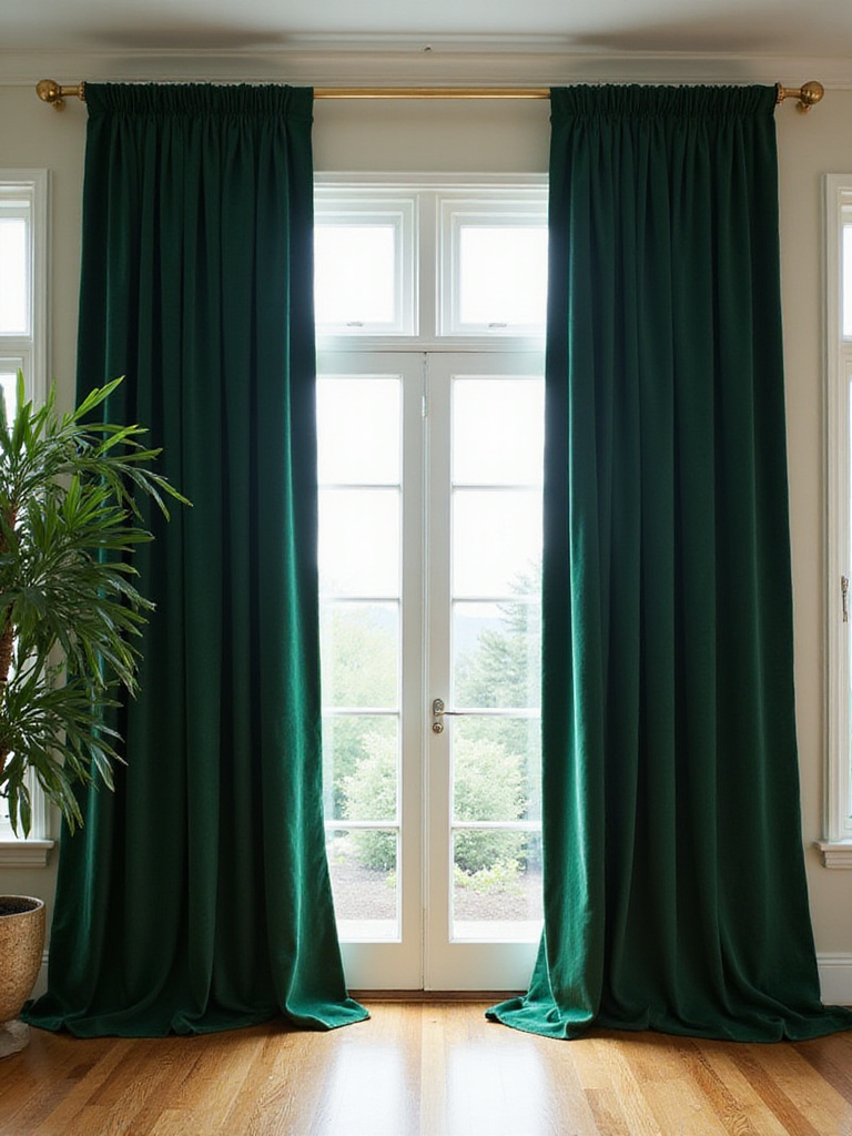 Luxurious living room with floor-to-ceiling emerald green velvet drapes.