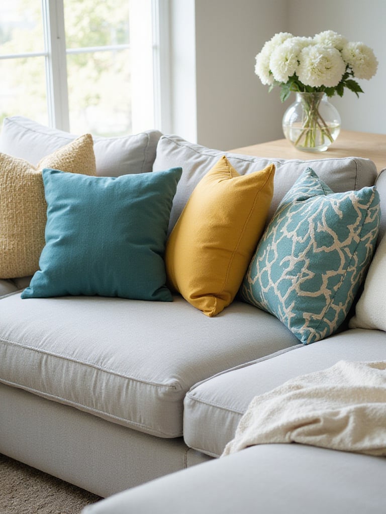 Living room chair decorated with teal, mustard yellow, and cream throw pillows in various shapes and textures.