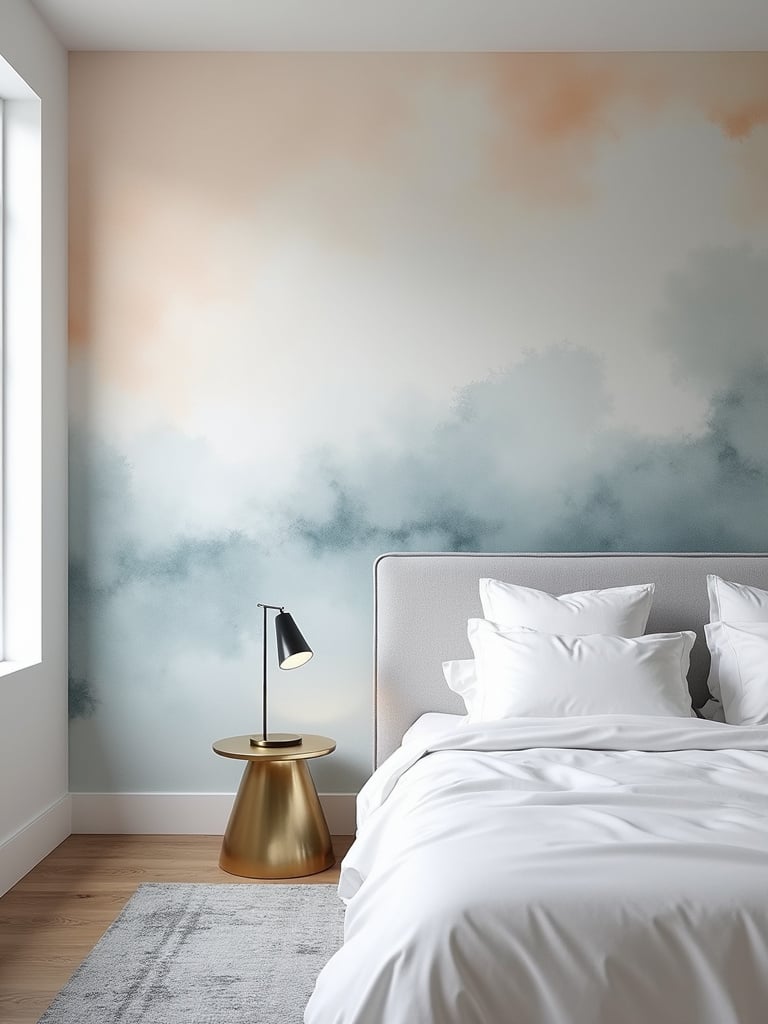 Modern bedroom with abstract watercolor wallpaper accent wall