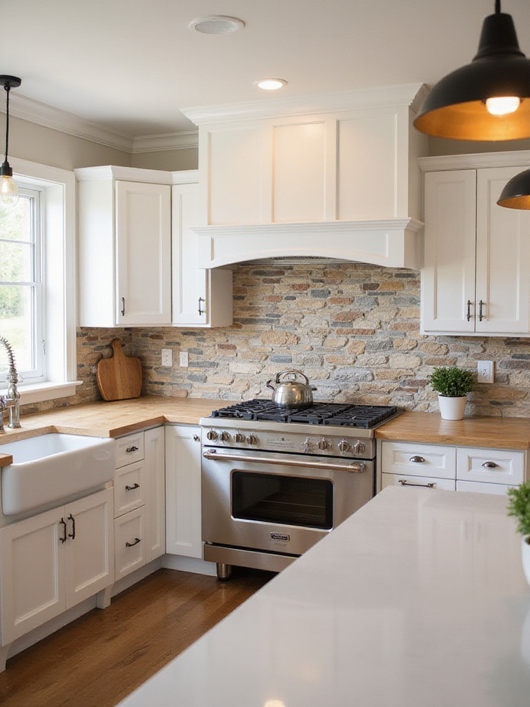 Farmhouse kitchen with a stone tile backsplash behind the stove as a focal point.