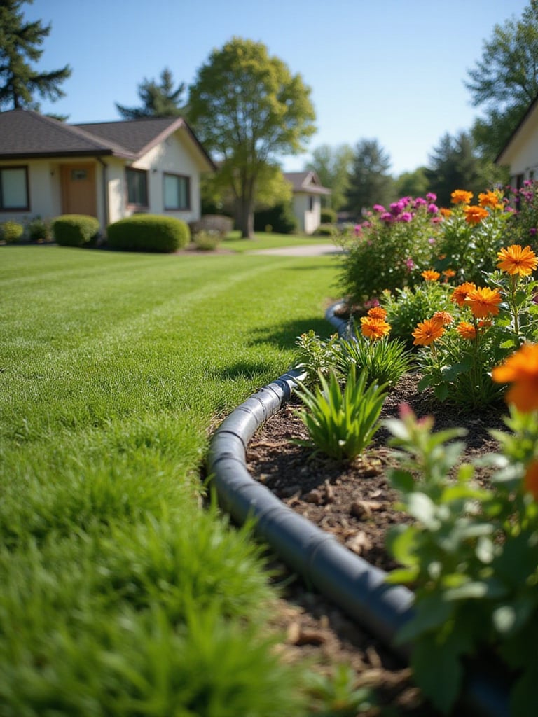 Lawn garden with metal edging separating the grass from the flower bed.