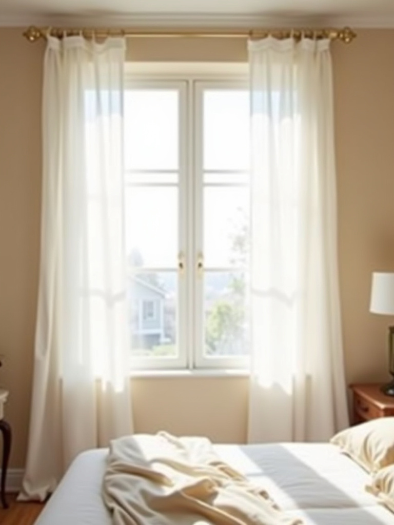 Beige bedroom with elegant sheer white curtains framing the window.