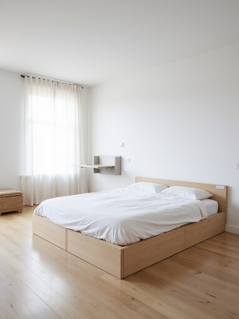 Minimalist bedroom with platform bed, built-in storage, and wall-mounted desk.