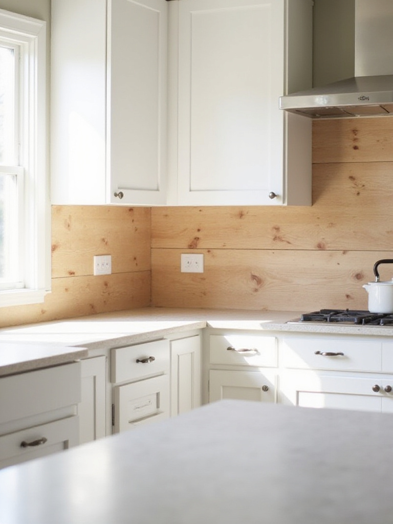 Farmhouse kitchen with a light maple butcher block backsplash