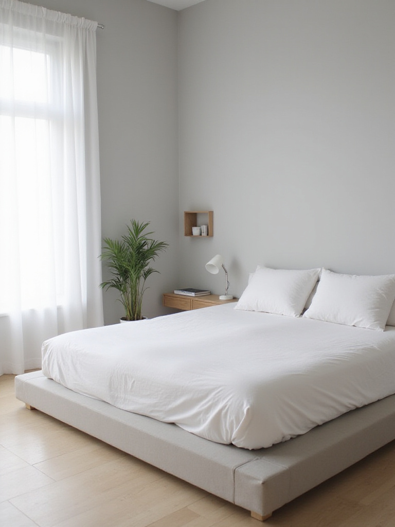 Minimalist bedroom with platform bed, floating shelf, and natural light