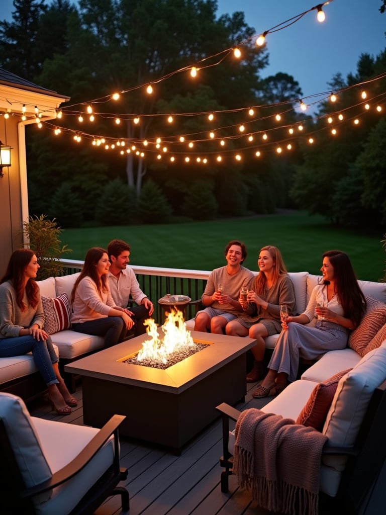 Warm and inviting deck with fire table and comfortable seating for outdoor entertaining