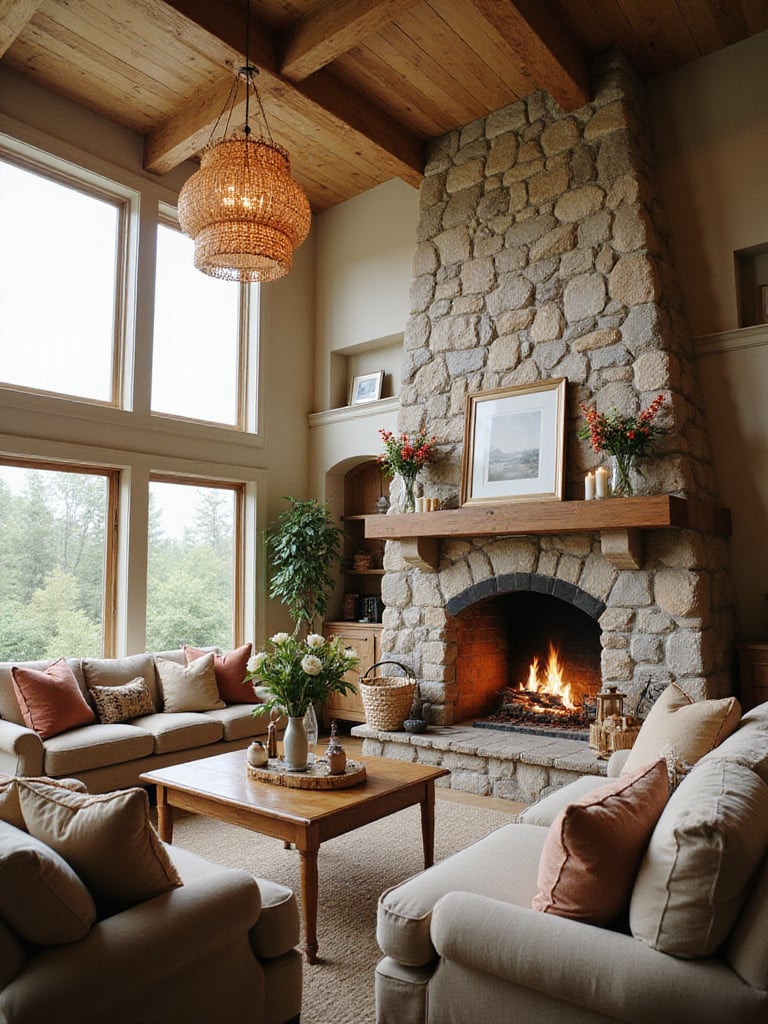 Cozy living room with a stone fireplace and inviting seating area.