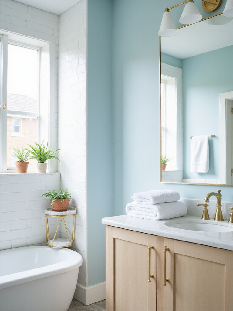 Light and airy bathroom with pale blue pastel walls and natural wood accents.