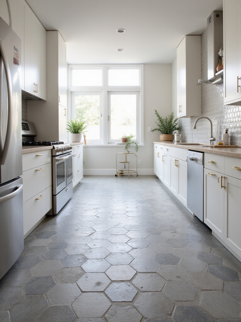 Modern kitchen with gray hexagon geometric tile floor.