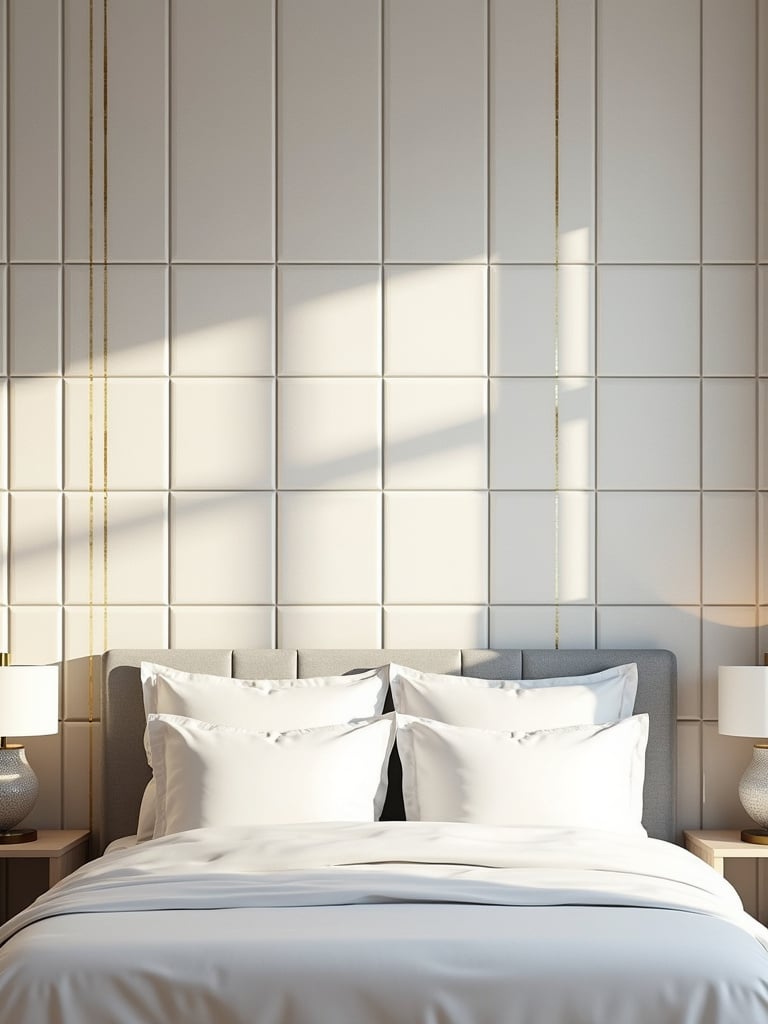 Modern bedroom with gold geometric grid wallpaper accent wall