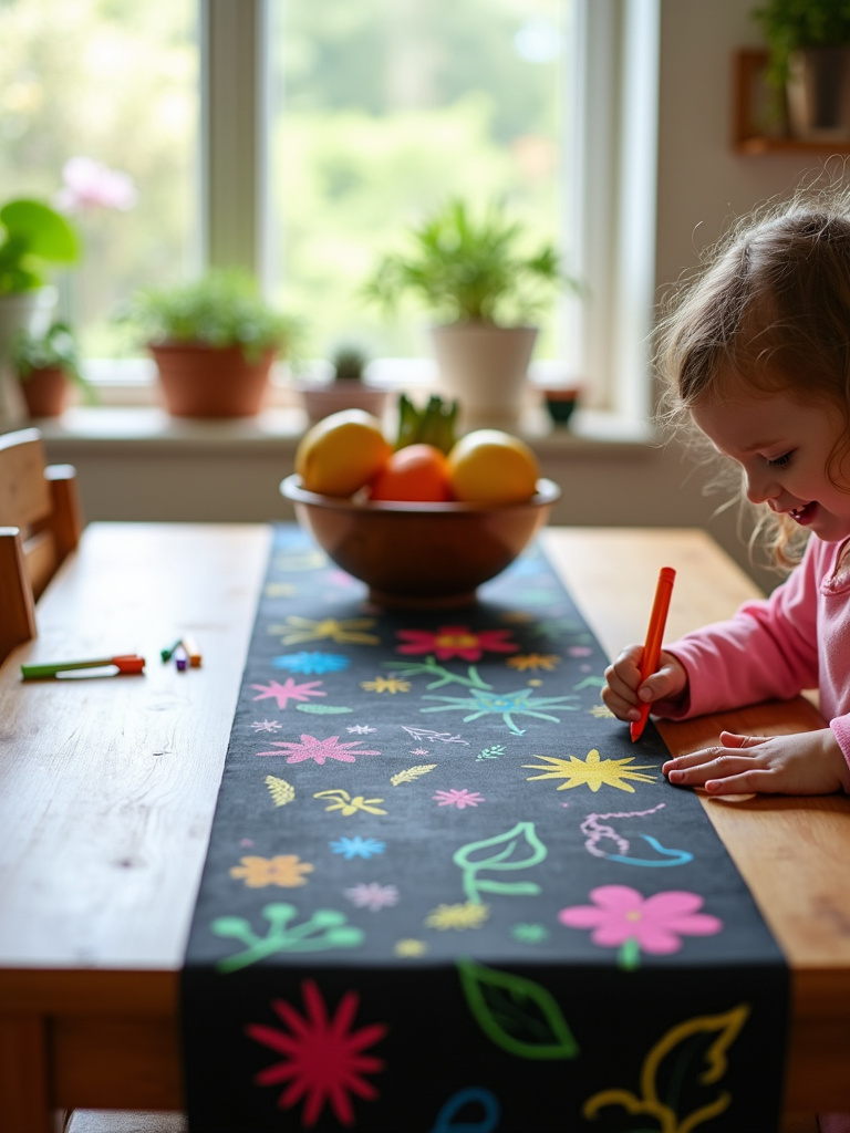 Chalkboard table runner decorated with colorful chalk drawings in a bright kitchen