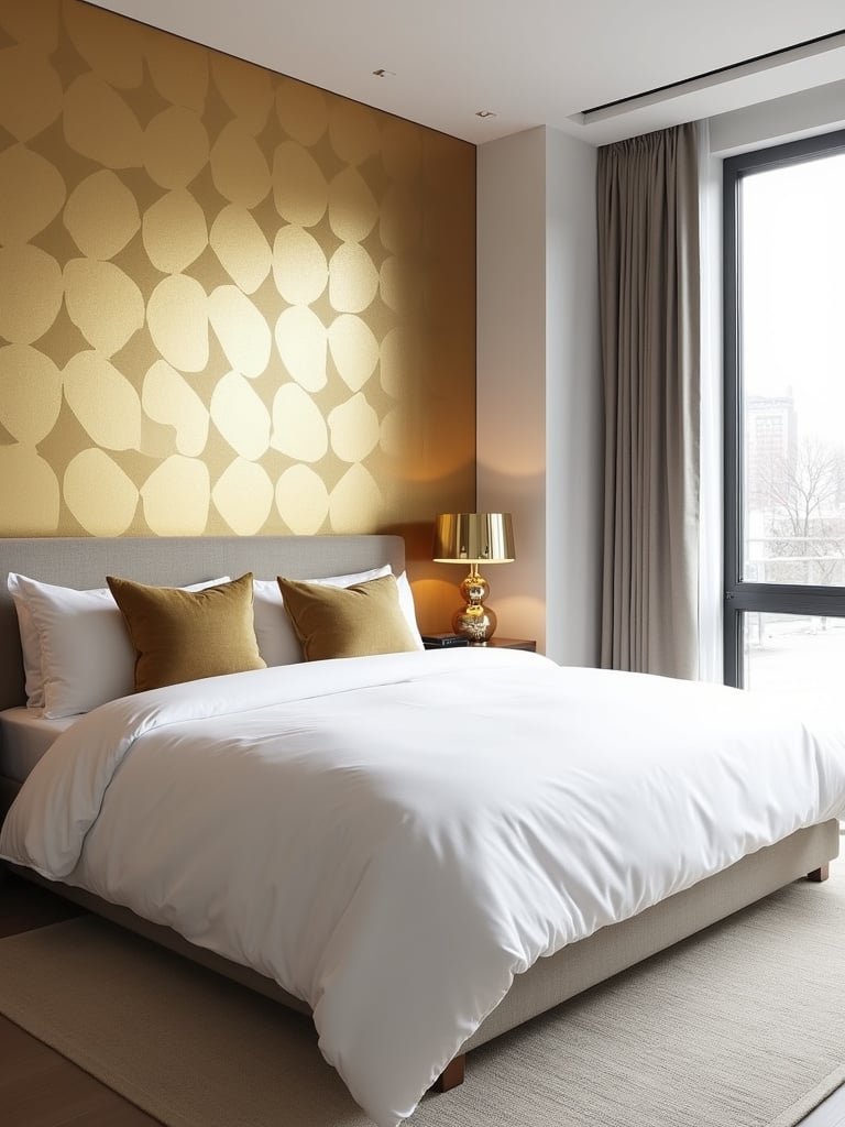 Modern bedroom with geometric gold wallpaper accent wall