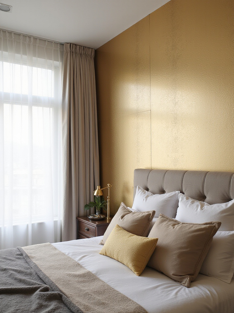 Luxurious bedroom with shimmering gold accent wall