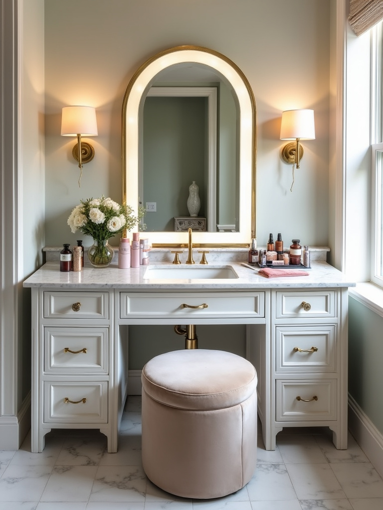 Luxury bathroom makeup vanity with marble countertop, illuminated mirror, and velvet stool.