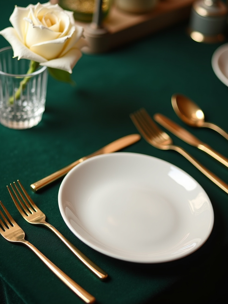 Gold accented flatware on a kitchen table set for a special occasion