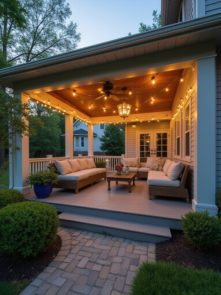 Expanded porch with outdoor living room furniture and string lights.