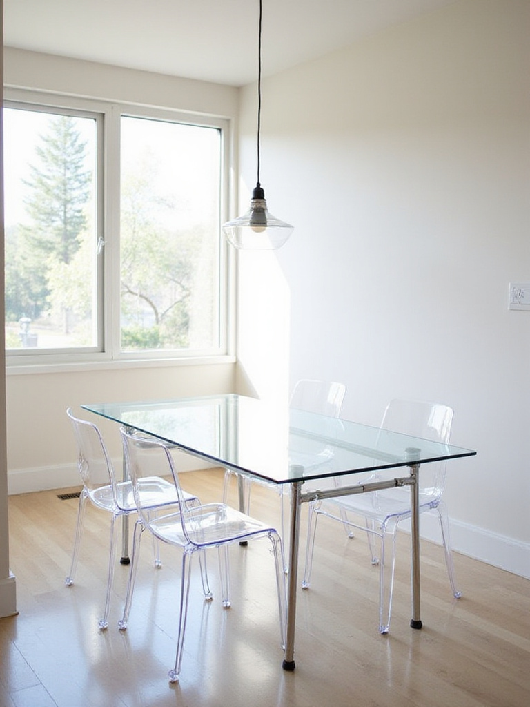 Small dining room with glass table and acrylic chairs to maximize space