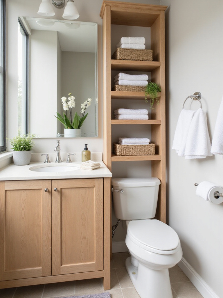 Small bathroom with vertical storage solutions including a tall shelving unit and a mirrored cabinet above the toilet.