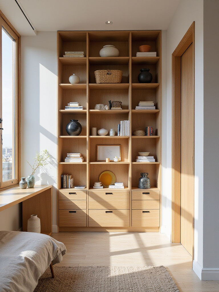 Small bedroom with tall, vertical shelving unit maximizing space and style.