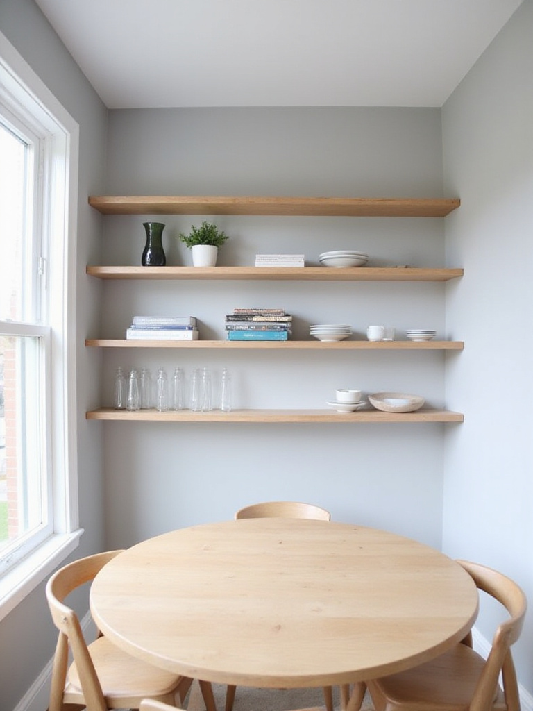Small dining room with light wood floating shelves displaying dinnerware and decor.
