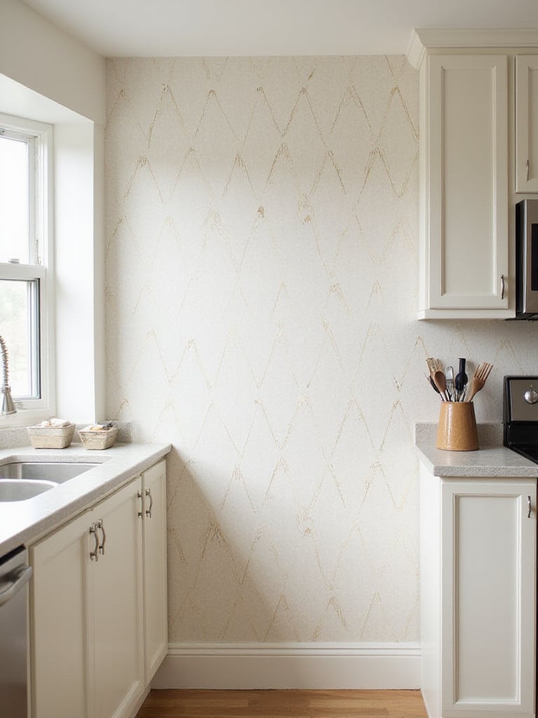 Kitchen accent wall with geometric gold wallpaper