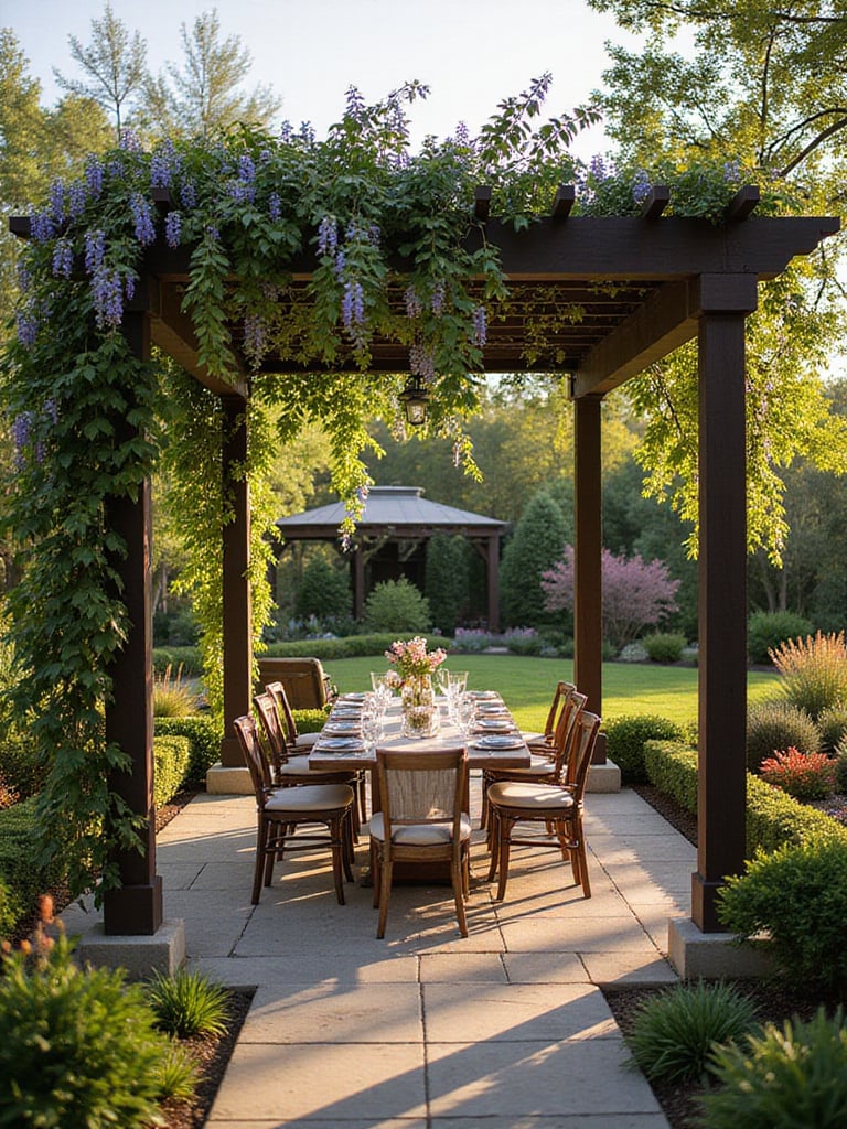 Grand wooden pergola with wisteria and outdoor dining table in a backyard garden.