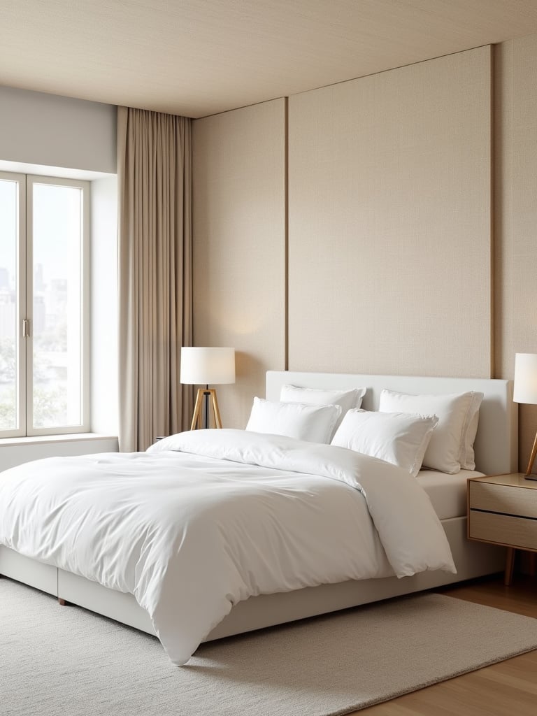 Modern bedroom with light beige textured grasscloth wallpaper behind the bed.
